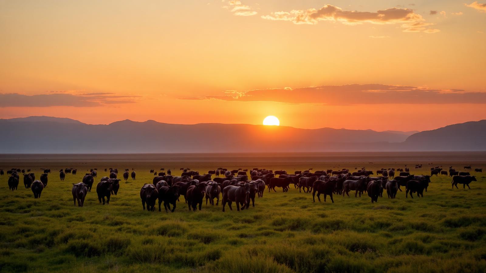 Ganado del Oriente boliviano en pastizales al atardecer